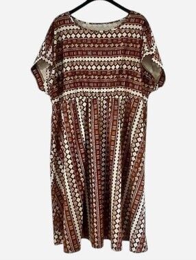 Sason Curve 4XL Dress White Aztec Design on Chocolate Brown Dolman Sleeves Midi
